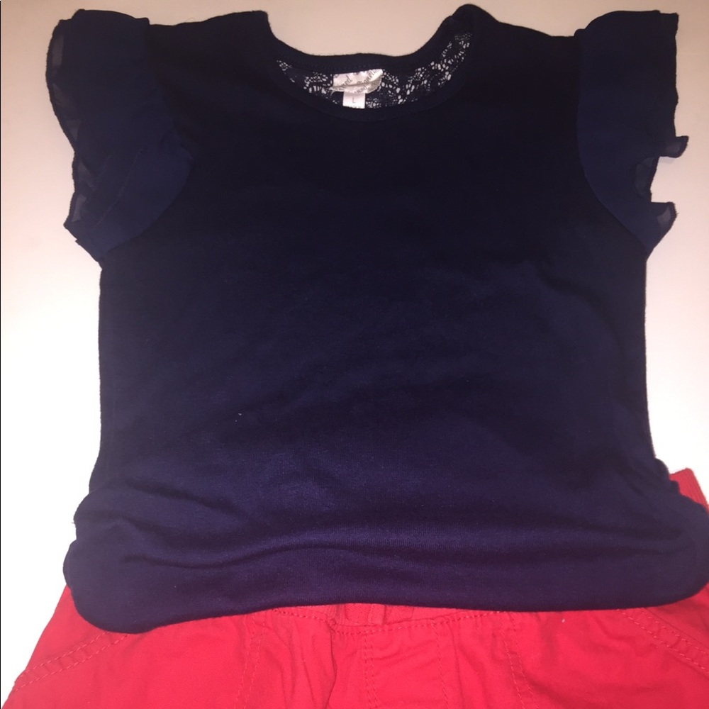 Girls large blue flutter shirt and red short set